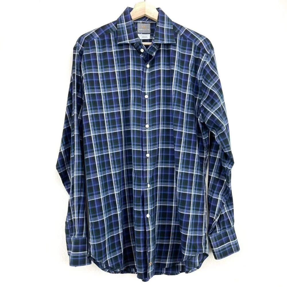 Thomas Dean Mens Large Blue Check Print Pima Cotton‎ Button Up Shirt Long Sleeve